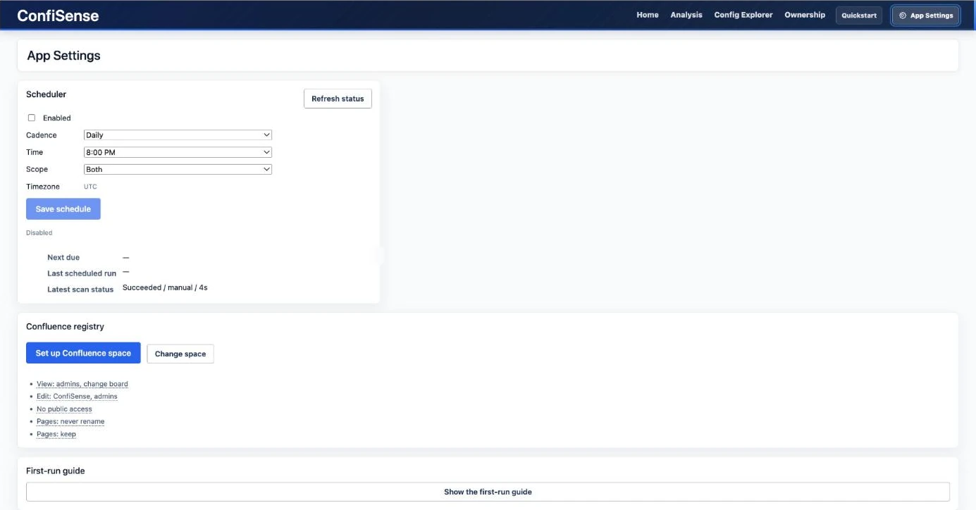 App Settings with a scan scheduler and Confluence registry settings