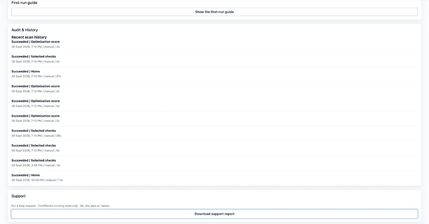 Audit and History list of recent scans with a support report button