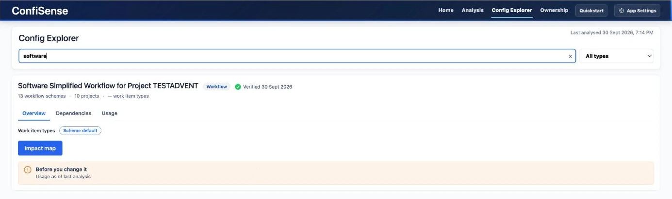 A workflow opened in Config Explorer with overview, dependencies and usage tabs