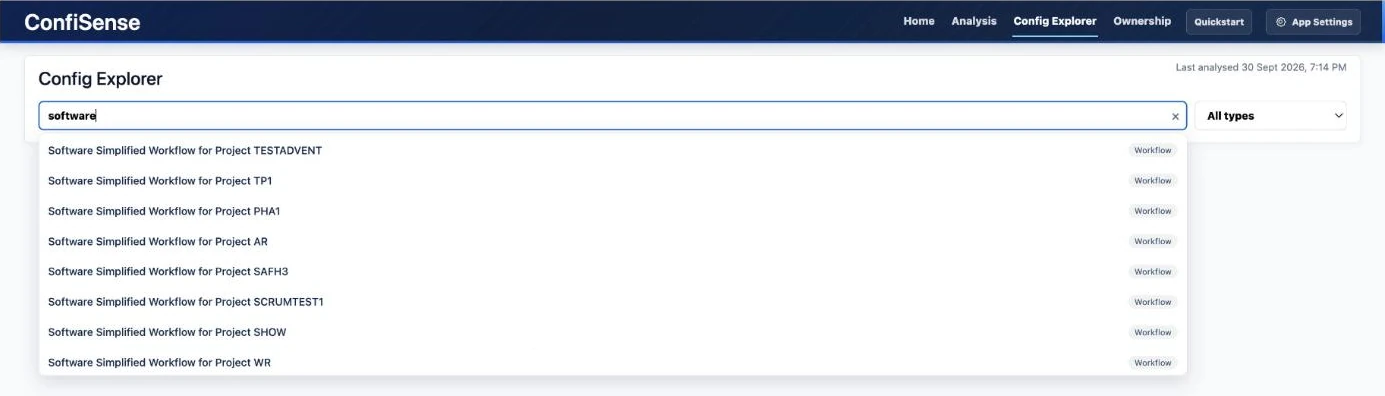 Config Explorer search box with matching workflows listed
