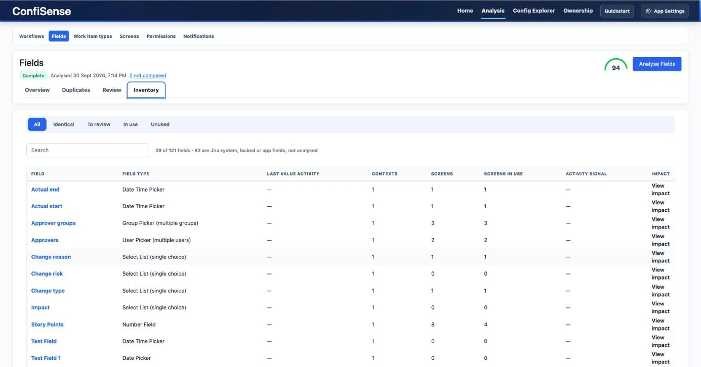 Fields inventory with contexts, screens and activity columns