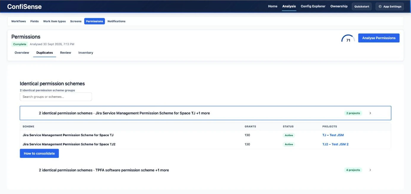 Identical permission schemes grouped together with a How to consolidate button