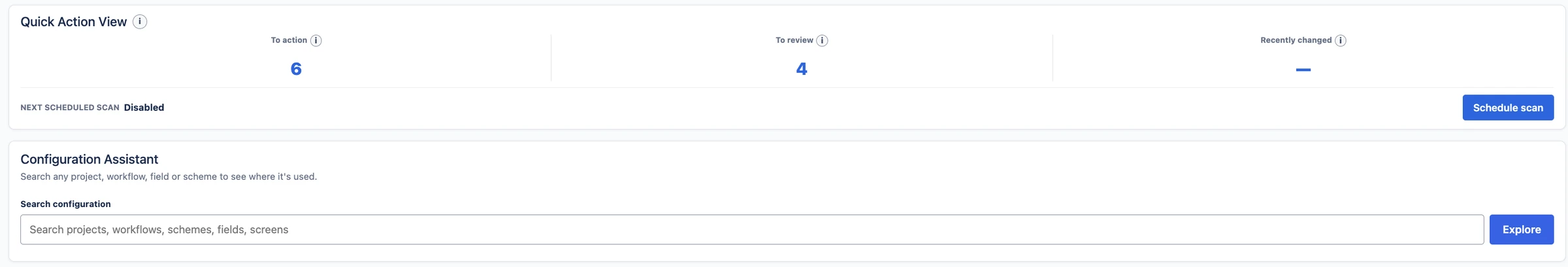 Quick Action View with counts to action and to review, and a configuration search box