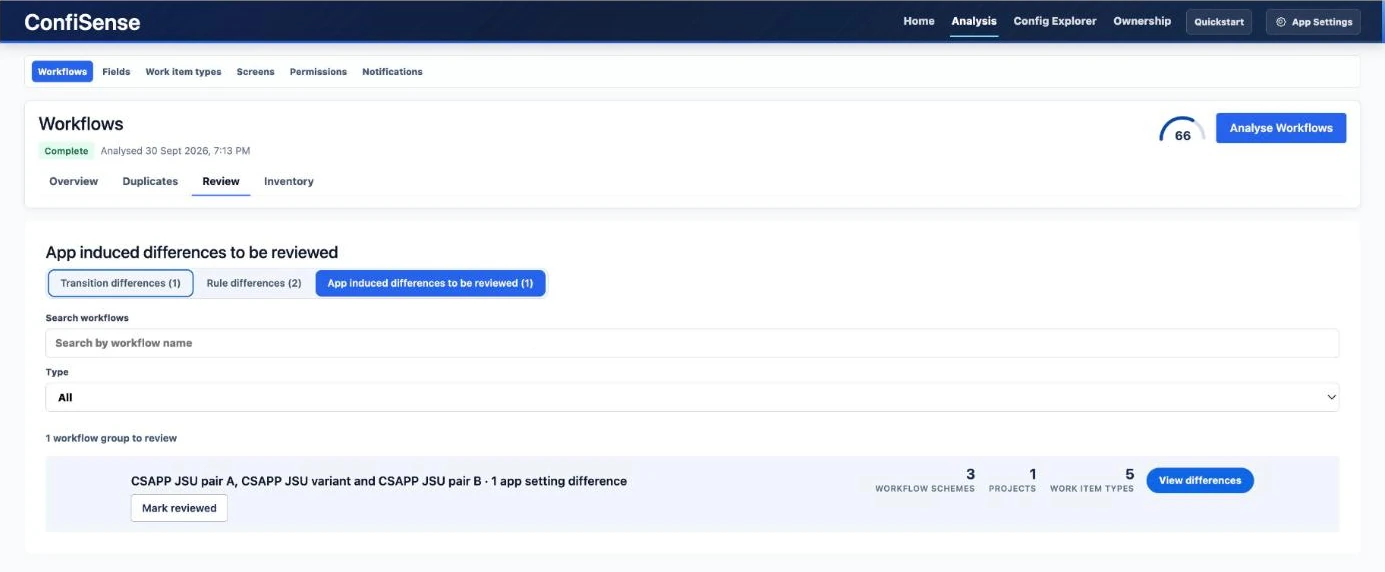 Workflow Review tab listing a group with an app setting difference