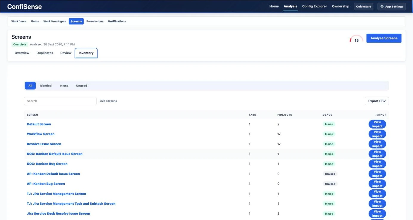 Screens inventory with tabs, projects and usage